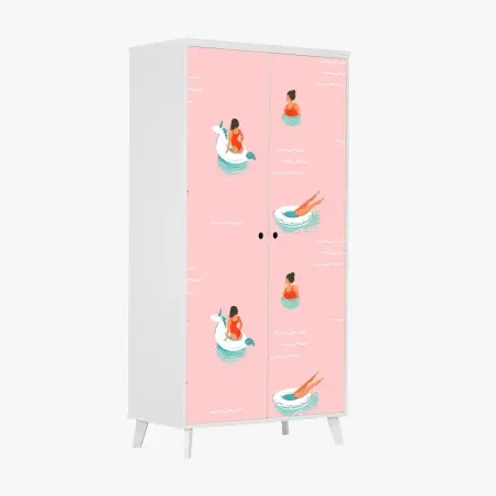 Sticker pour armoire motif estival licorne et nageuses sur fond rose – Wallnifity®
