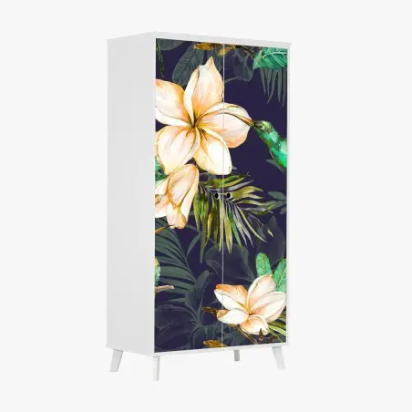 Sticker pour armoire jardin tropical aux colibris et frangipaniers sur fond sombre – Wallnifity®