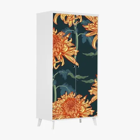 Sticker pour armoire fleurs de chrysanthèmes orange sur fond bleu profond – Wallnifity®