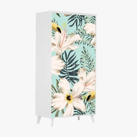 Sticker pour armoire motif tropical hibiscus et toucans sur fond menthe – Wallnifity®