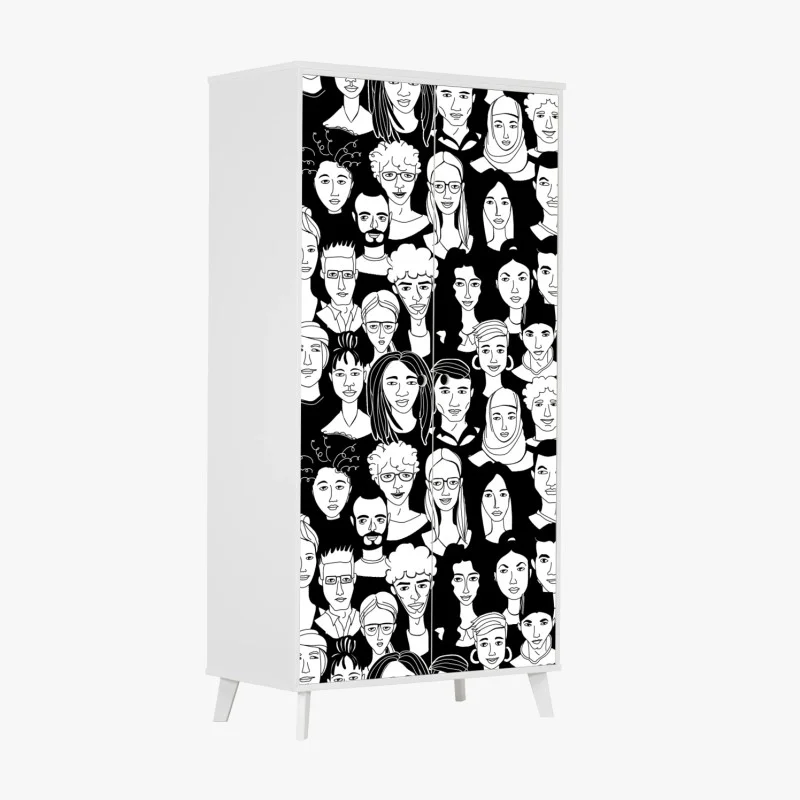 Sticker pour armoire foule de visages stylisés en noir et blanc – Wallnifity®