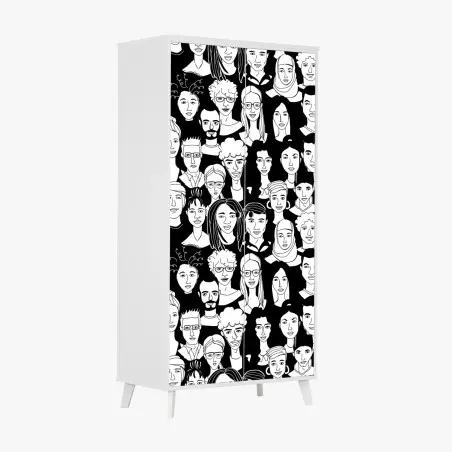 Sticker pour armoire foule de visages stylisés en noir et blanc – Wallnifity®