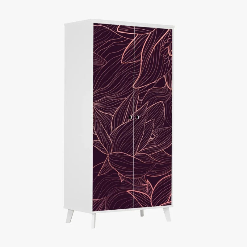 Sticker pour armoire motif floral linéaire rose doré sur fond bordeaux – Wallnifity®