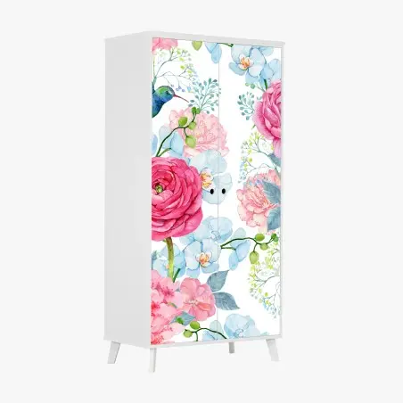 Sticker pour armoire motif floral aquarelle avec colibri et pivoines – Wallnifity®