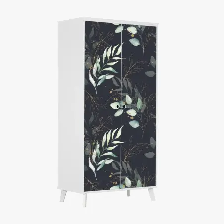 Sticker pour armoire motif feuilles aquarelle avec accents dorés sur fond sombre – Wallnifity®