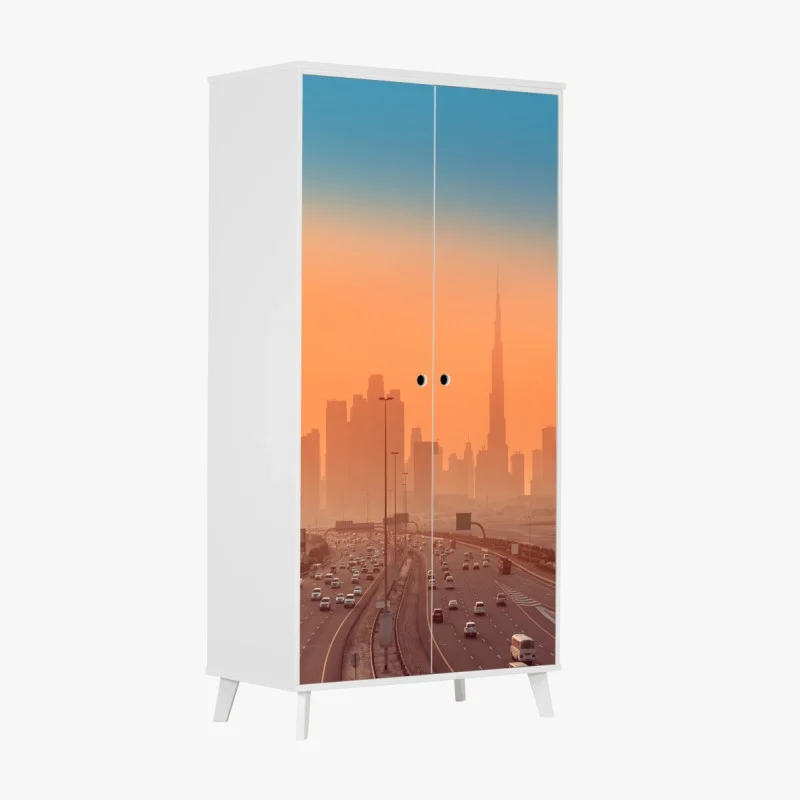 Sticker pour armoire panorama orangé de Dubaï au coucher du soleil – Wallnifity® Sticker pour armoire panorama orangé de Dubaï au coucher du soleil – Wallnifity®