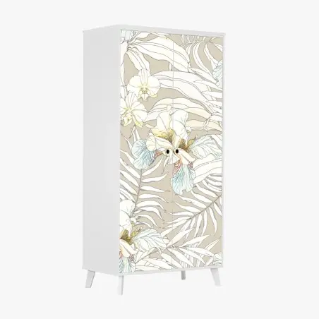 Sticker pour armoire décor tropical aux cacatoès et orchidées sur fond beige – Wallnifity®