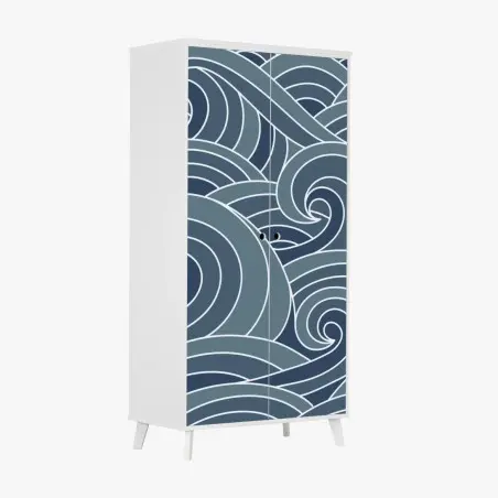 Sticker pour armoire vagues stylisées japonaises bleu-gris – Wallnifity®