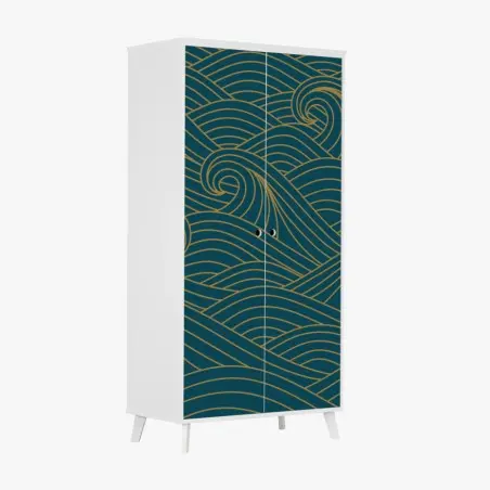 Sticker pour armoire motif de vagues dorées sur fond bleu canard – Wallnifity®