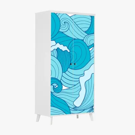 Sticker pour armoire vagues stylisées en nuances de bleu – Wallnifity®