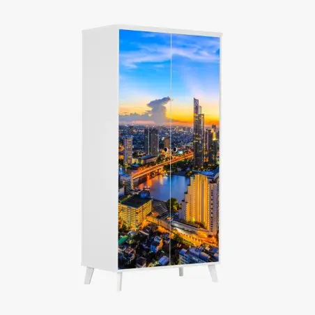 Sticker pour armoire panorama urbain au coucher de soleil sur Bangkok – Wallnifity®