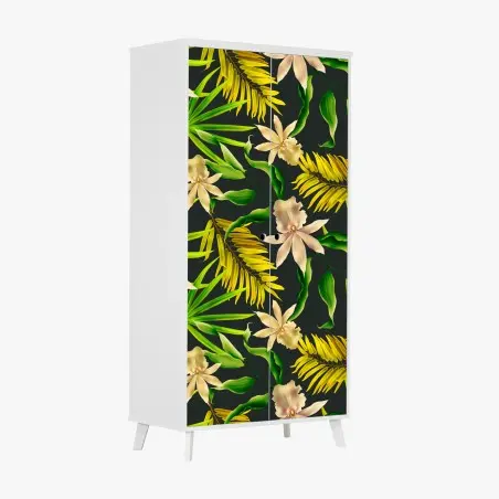 Sticker pour armoire motif tropical d'orchidées et de feuilles exotiques sur fond sombre – Wallnifity®