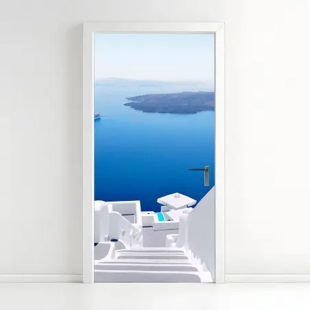 Sticker pour porte escalier blanc vers la mer azur – Wallnifity®