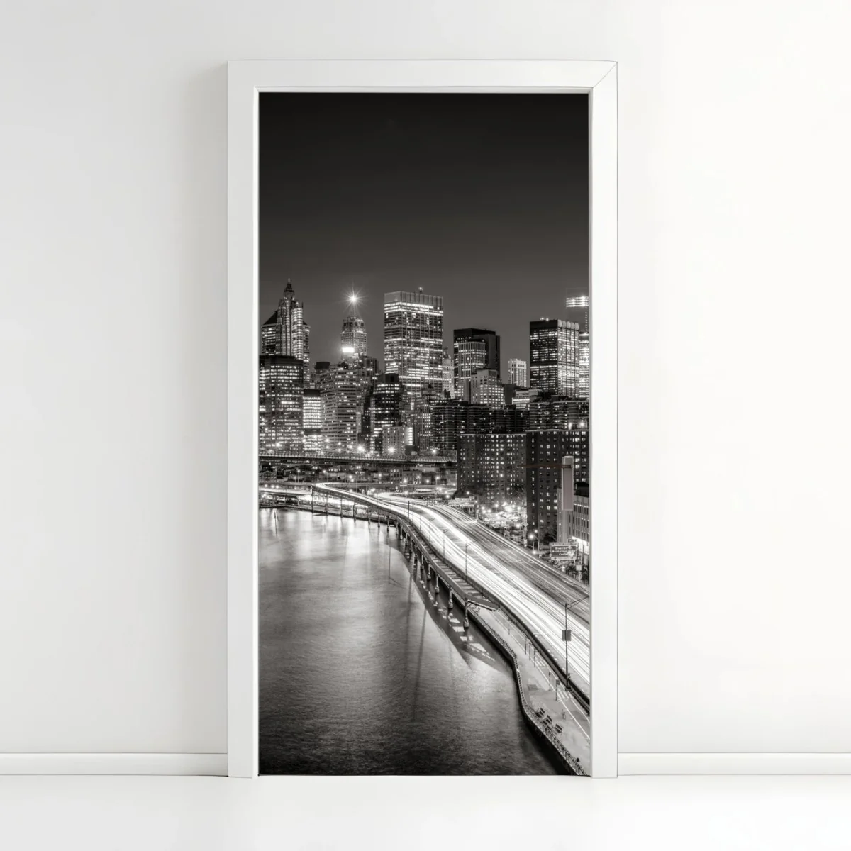 Sticker pour porte panorama urbain nocturne New York en noir et blanc – Wallnifity® Sticker pour porte panorama urbain nocturne New York en noir et blanc – Wallnifity®