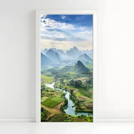 Sticker pour porte panorama de karsts et rizières brumeuses – Wallnifity®