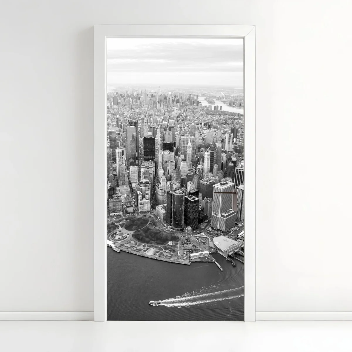 Sticker pour porte panorama aérien de Manhattan en noir et blanc – Wallnifity® Sticker pour porte panorama aérien de Manhattan en noir et blanc – Wallnifity®