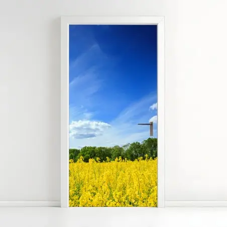 Sticker pour porte horizon ensoleillé sur champ de colza en Pologne – Wallnifity®