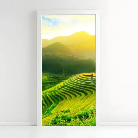 Sticker pour porte rizières en terrasses au soleil doré – Wallnifity®