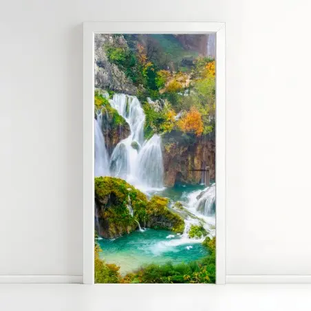 Sticker pour porte paysage de cascades et lacs turquoise en automne – Wallnifity®