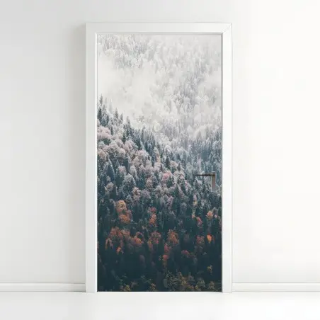 Sticker pour porte paysage forestier automnal et enneigé – Wallnifity®