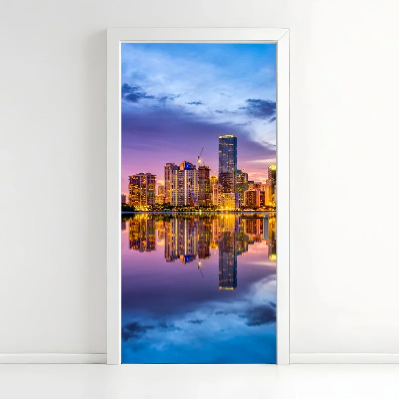 Sticker pour porte reflets colorés de Miami au crépuscule – Wallnifity® Sticker pour porte reflets colorés de Miami au crépuscule – Wallnifity®