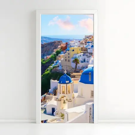 Sticker pour porte Oia, Santorin : village aux dômes bleus – Wallnifity®