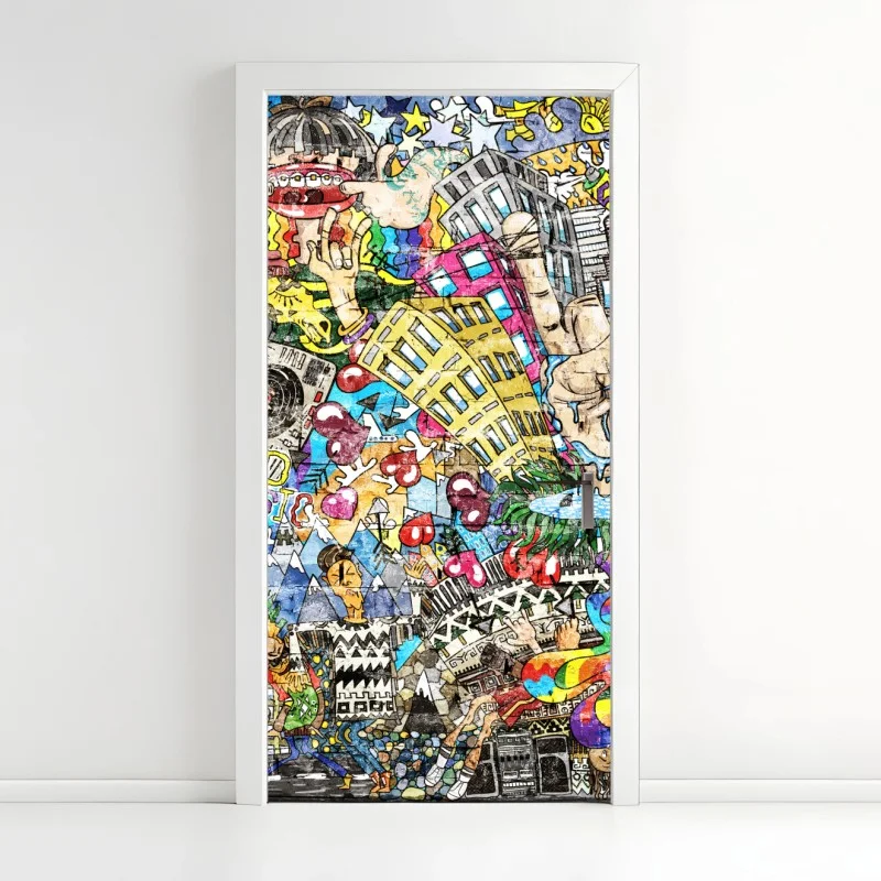 Sticker pour porte fresque urbaine multicolore : collage musical et psychédélique – Wallnifity®