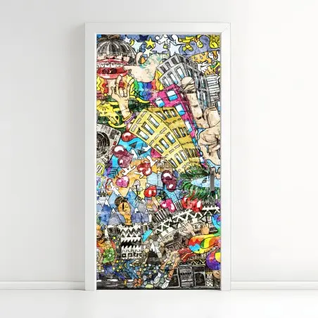 Sticker pour porte fresque urbaine multicolore : collage musical et psychédélique – Wallnifity®