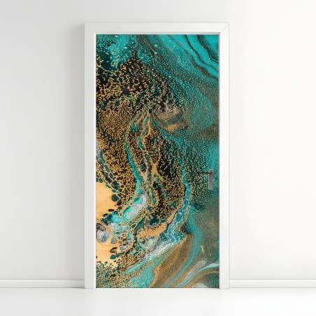 Sticker pour porte abstraction marine dorée et turquoise – Wallnifity®