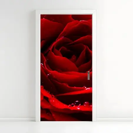 Sticker pour porte rose rouge en gouttes de rosée – Wallnifity®