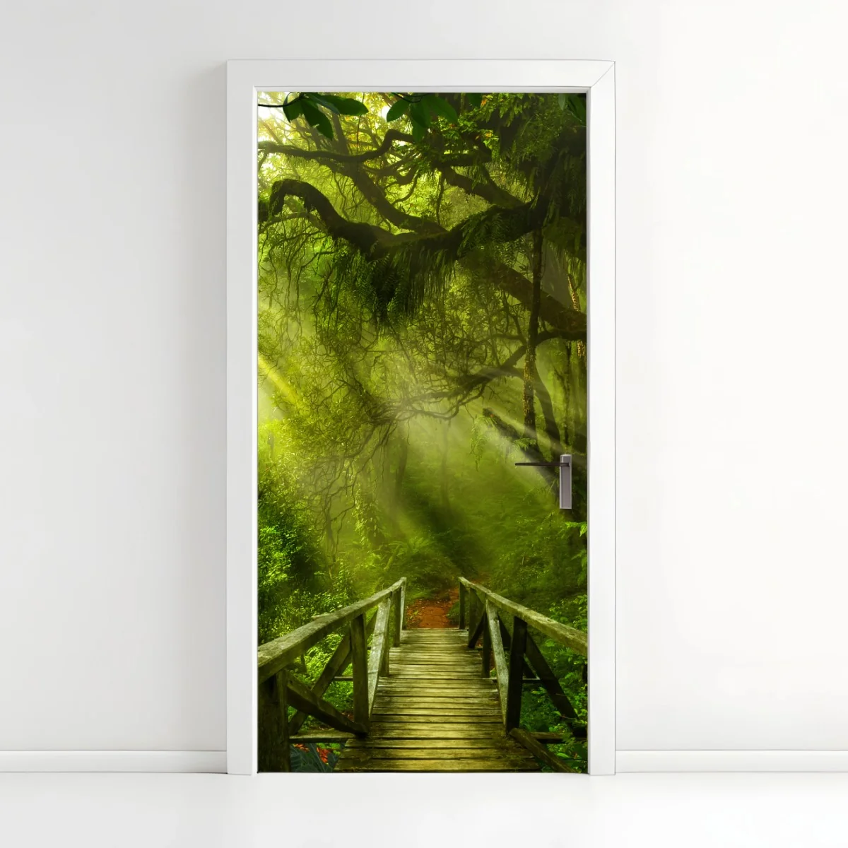 Sticker pour porte chemin en forêt tropicale baigné de lumière – Wallnifity® Sticker pour porte chemin en forêt tropicale baigné de lumière – Wallnifity®