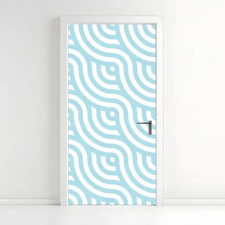 Sticker pour porte motif géométrique ondulé bleu et blanc – Wallnifity®