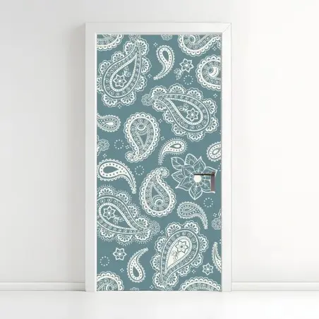 Sticker pour porte motif cachemire floral bleu-vert élégant – Wallnifity®