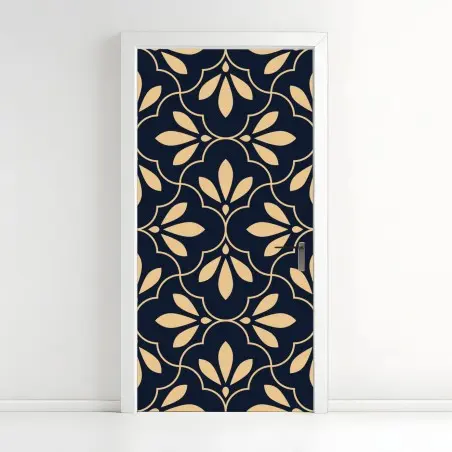 Sticker pour porte motif floral géométrique bleu marine et beige – Wallnifity®