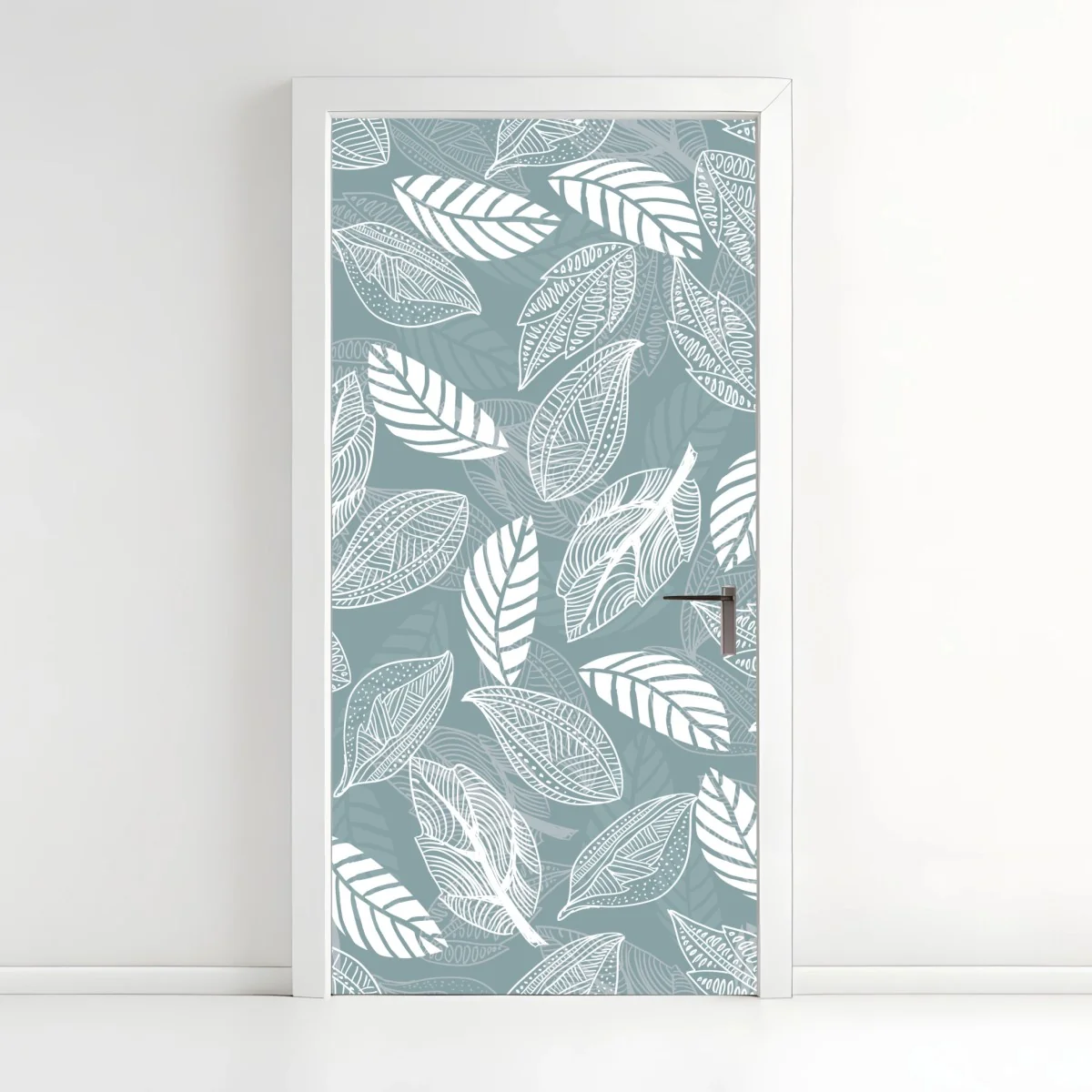 Sticker pour porte motif feuilles blanches sur fond bleu-gris – Wallnifity® Sticker pour porte motif feuilles blanches sur fond bleu-gris – Wallnifity®