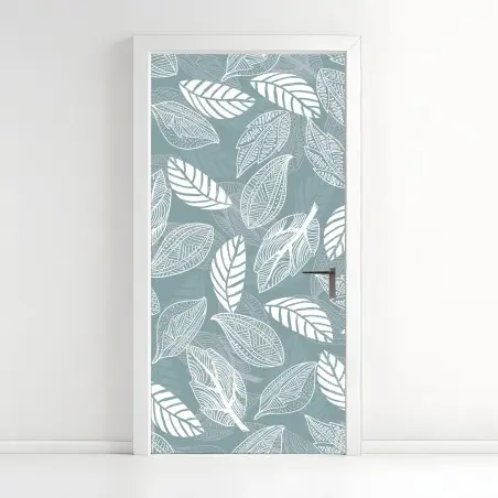 Sticker pour porte motif feuilles blanches sur fond bleu-gris – Wallnifity®