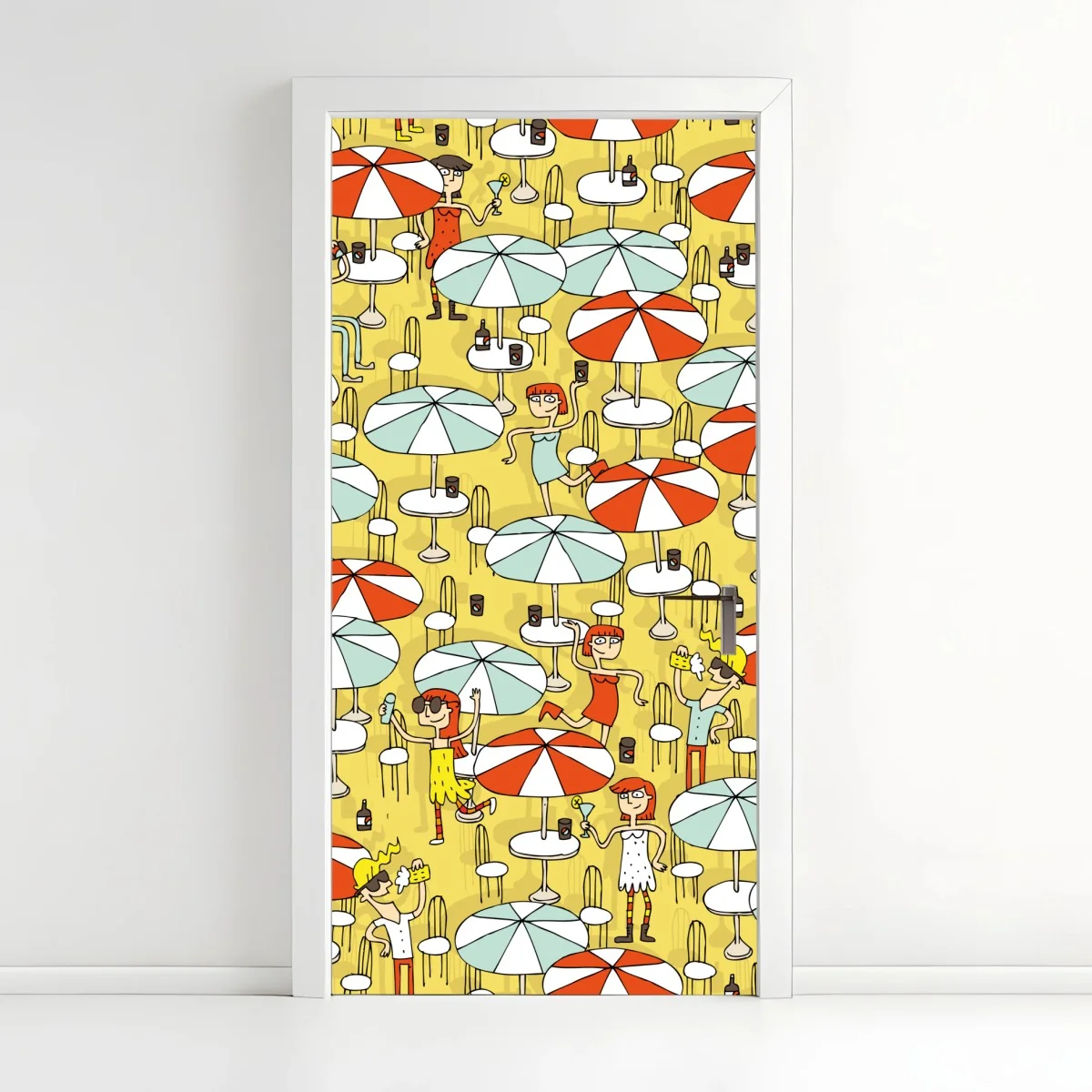 Sticker pour porte scène estivale rétro sous parasols – Wallnifity® Sticker pour porte scène estivale rétro sous parasols – Wallnifity®