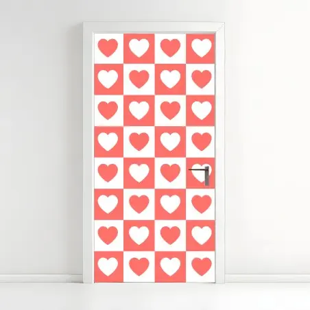 Sticker pour porte motif damier de cœurs corail – Wallnifity®
