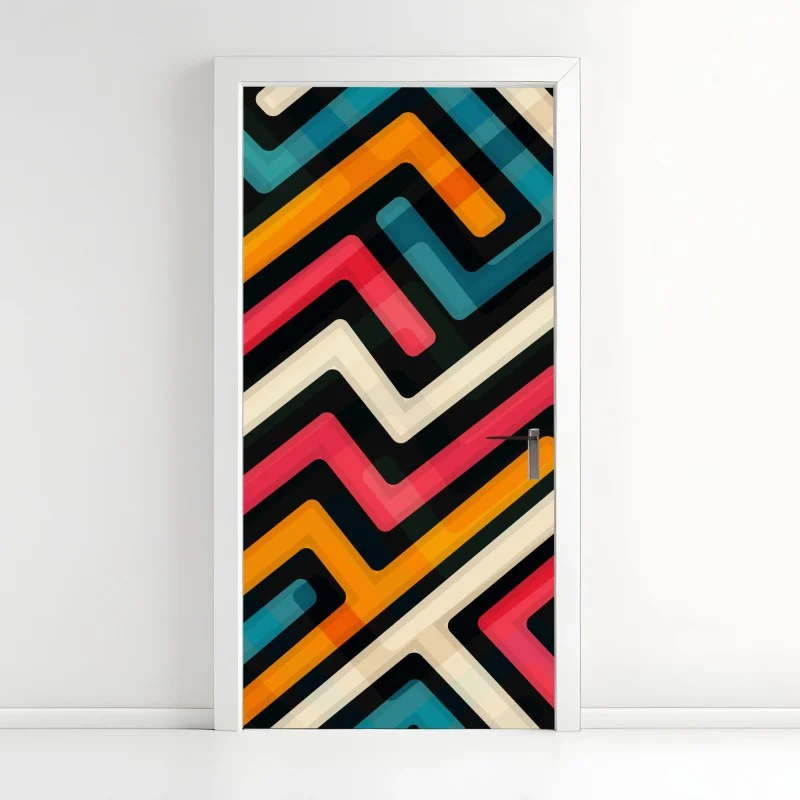 Sticker pour porte motif labyrinthe géométrique rétro coloré – Wallnifity®