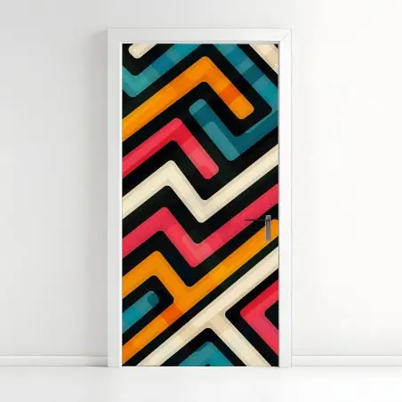 Sticker pour porte motif labyrinthe géométrique rétro coloré – Wallnifity®