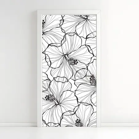 Sticker pour porte motif floral graphique noir et blanc pour décoration murale – Wallnifity®
