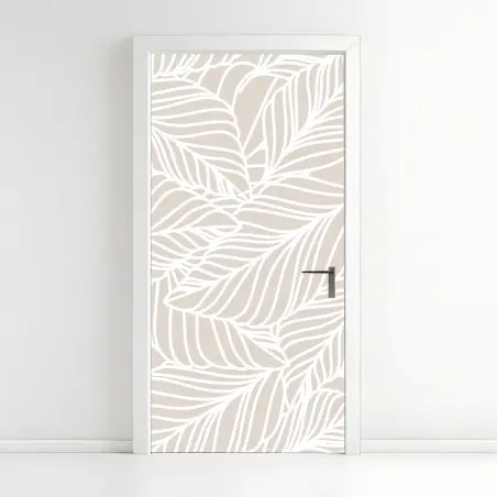 Sticker pour porte motif de feuilles beige et blanc minimaliste – Wallnifity®