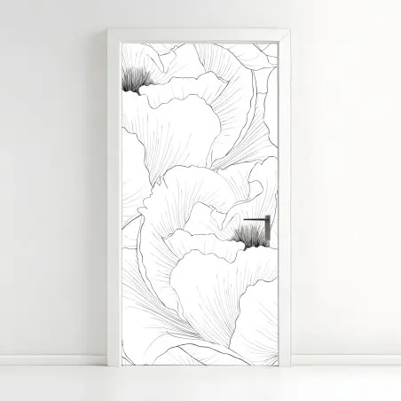 Sticker pour porte motif floral linéaire noir et blanc pour décoration murale – Wallnifity®