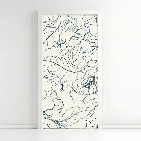 Sticker pour porte motif floral délicat bleu marine sur fond crème – Wallnifity®