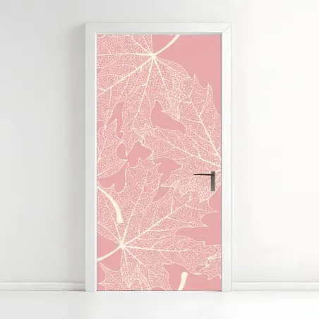 Sticker pour porte motif de feuilles stylisées rose et crème – Wallnifity®