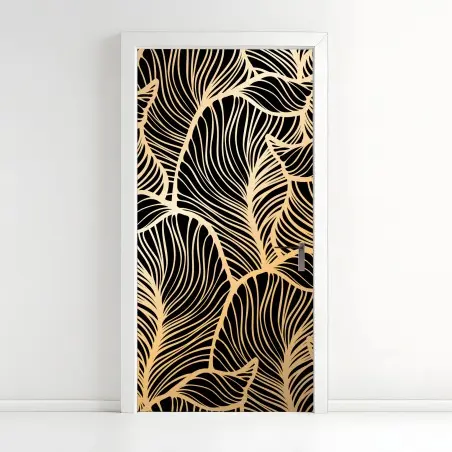 Sticker pour porte motif feuilles dorées sur fond noir – Wallnifity®