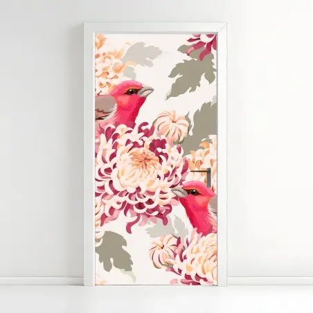 Sticker pour porte oiseaux roses et chrysanthèmes en motif élégant – Wallnifity®