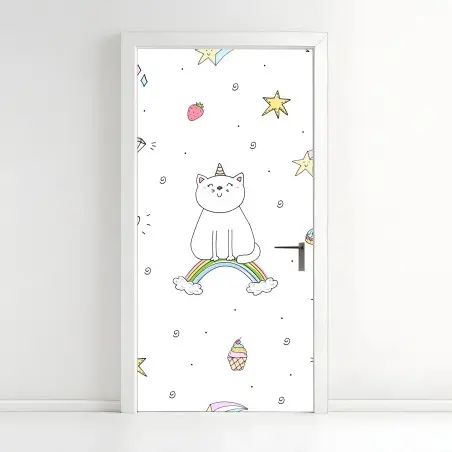 Sticker pour porte motif chaton arc-en-ciel mignon pour chambre d'enfant – Wallnifity®