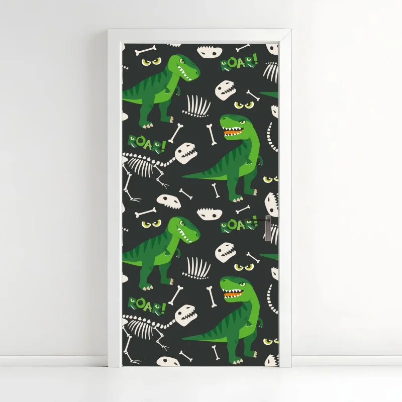 Sticker pour porte motif dinosaures tyrannosaures verts pour chambre d'enfant – Wallnifity®