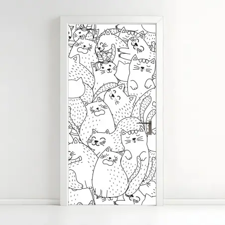 Sticker pour porte motif de chats mignons en noir et blanc – Wallnifity®
